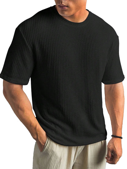 Waffle Fabric Round Neck Short Sleeve Layering T-Shirt