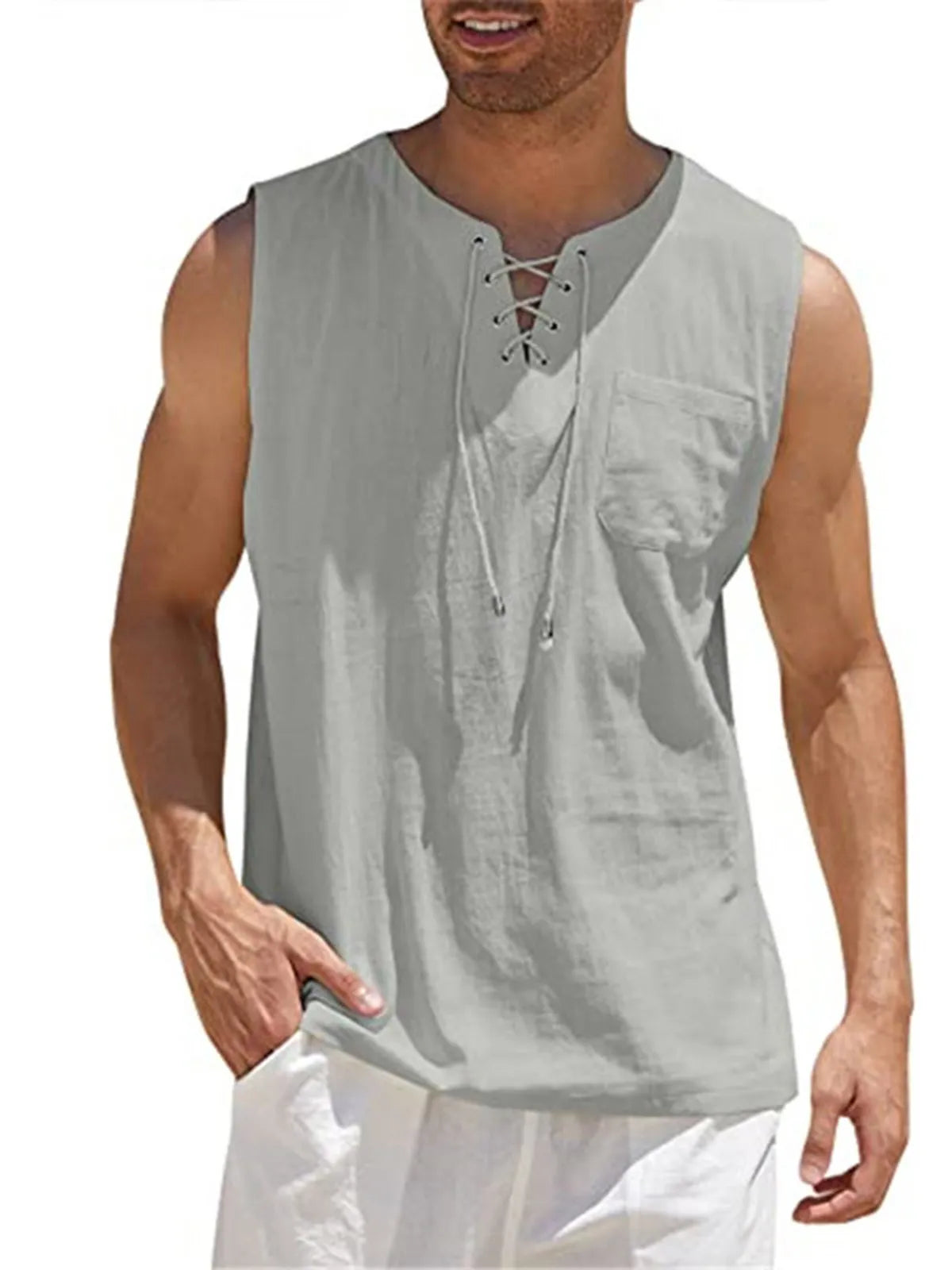 Lace-Up Cotton Linen Short Sleeve T-Shirt