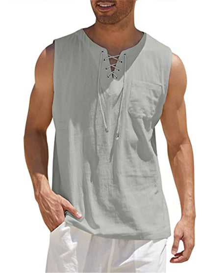 Lace-Up Cotton Linen Short Sleeve T-Shirt