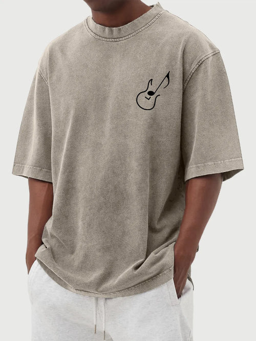 Vintage Washed Guitar Note Print Short Sleeve T-Shirt