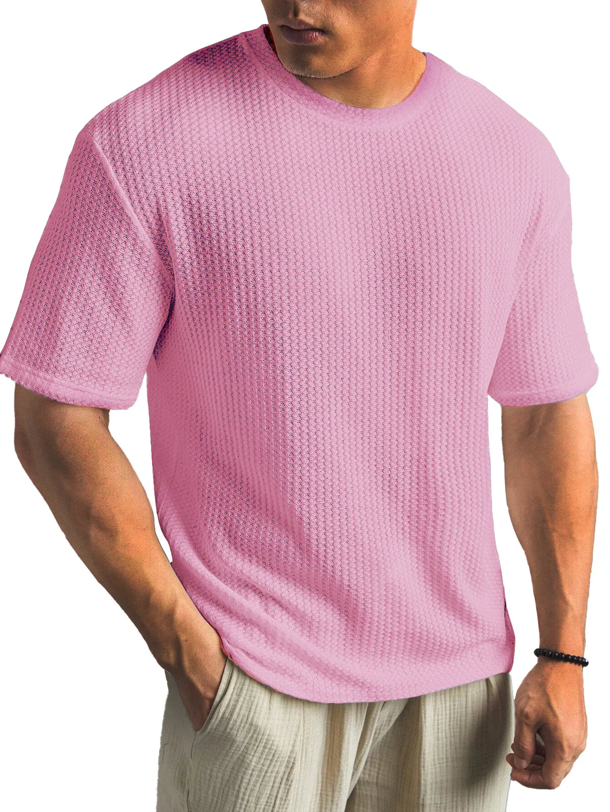 Waffle Fabric Round Neck Short Sleeve Layering T-Shirt