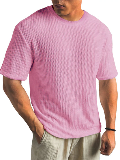 Waffle Fabric Round Neck Short Sleeve Layering T-Shirt
