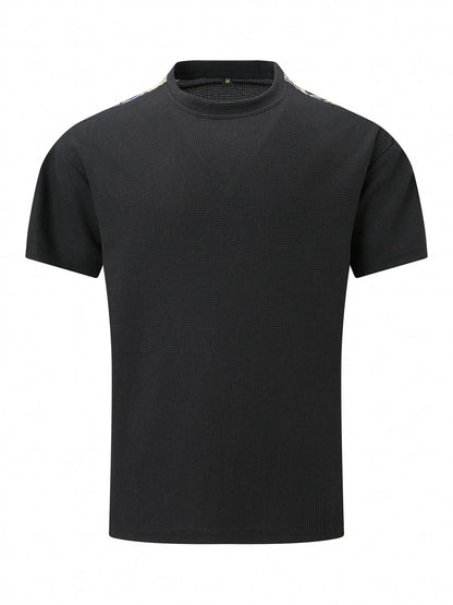 Solid Color Waffle Round Neck Patchwork Short Sleeve T-Shirt