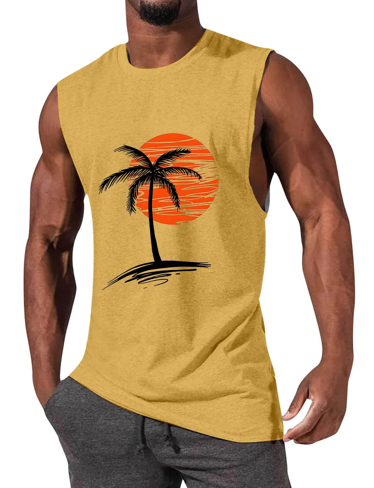 Solid Color Hawaiian Coconut Sleeveless Print T-Shirt