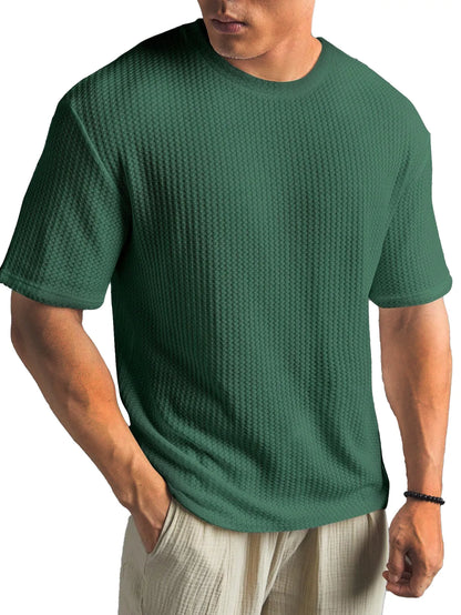 Waffle Fabric Round Neck Short Sleeve Layering T-Shirt
