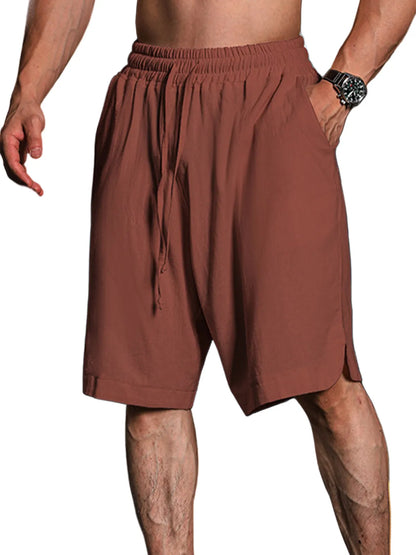 Solid Color Cotton And Linen Three-Quarter Elastic Waist Shorts