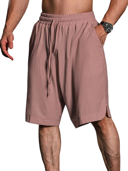Solid Color Cotton And Linen Three-Quarter Elastic Waist Shorts