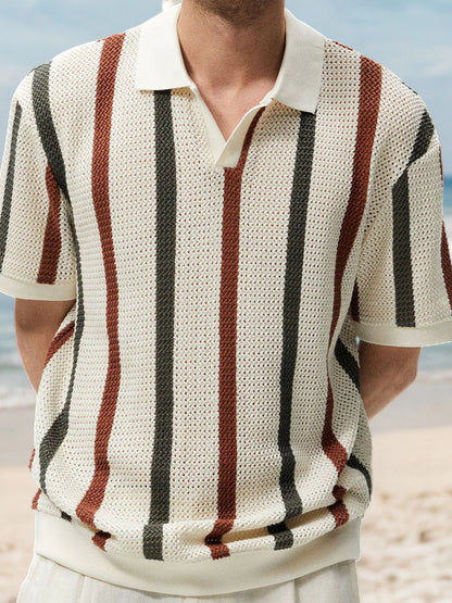 Hollow Stripe Contrast Knit Polo Shirt