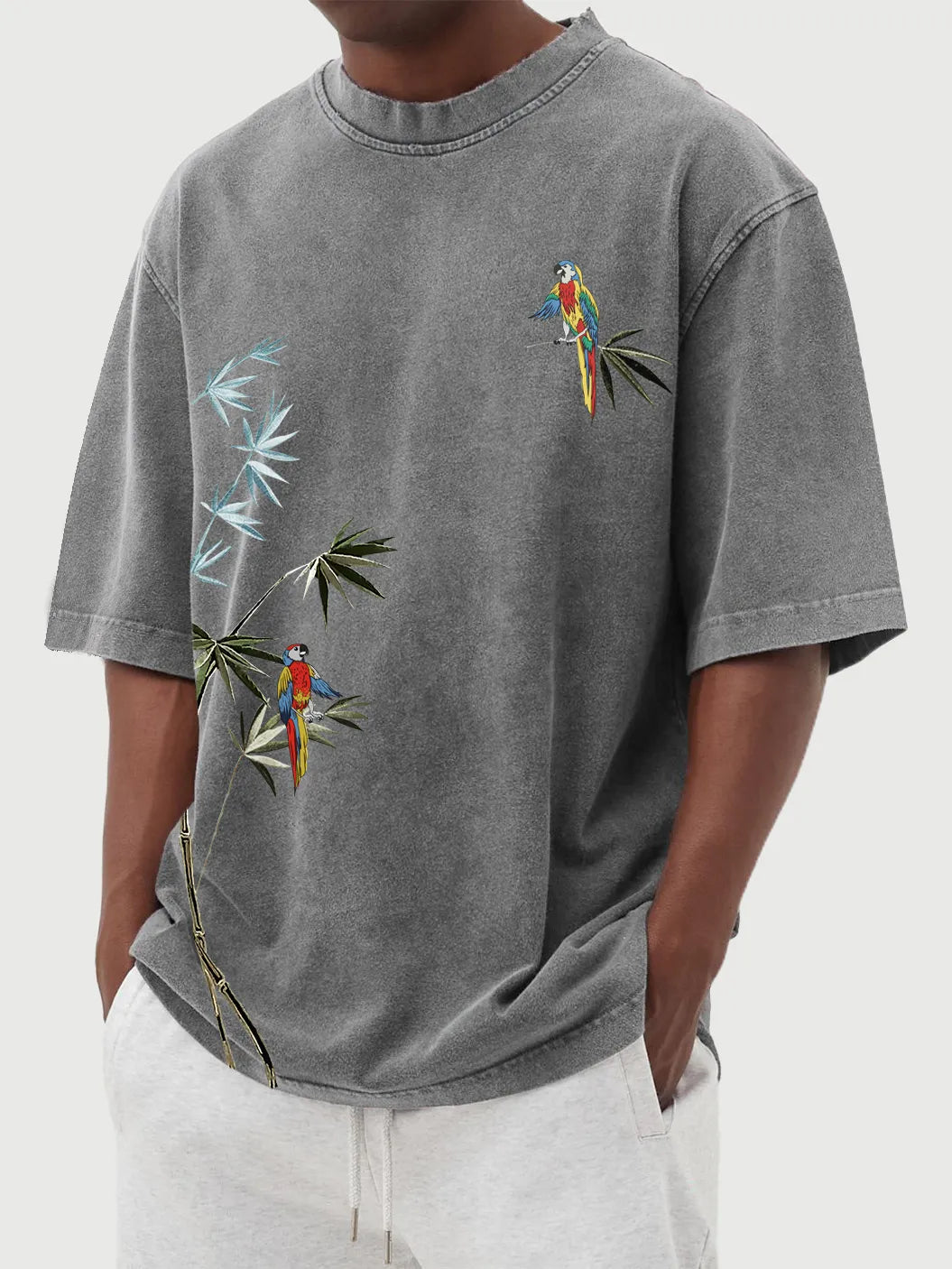 Hawaiian Bamboo Leaf And Parrot Print Short Sleeve T-Shirt