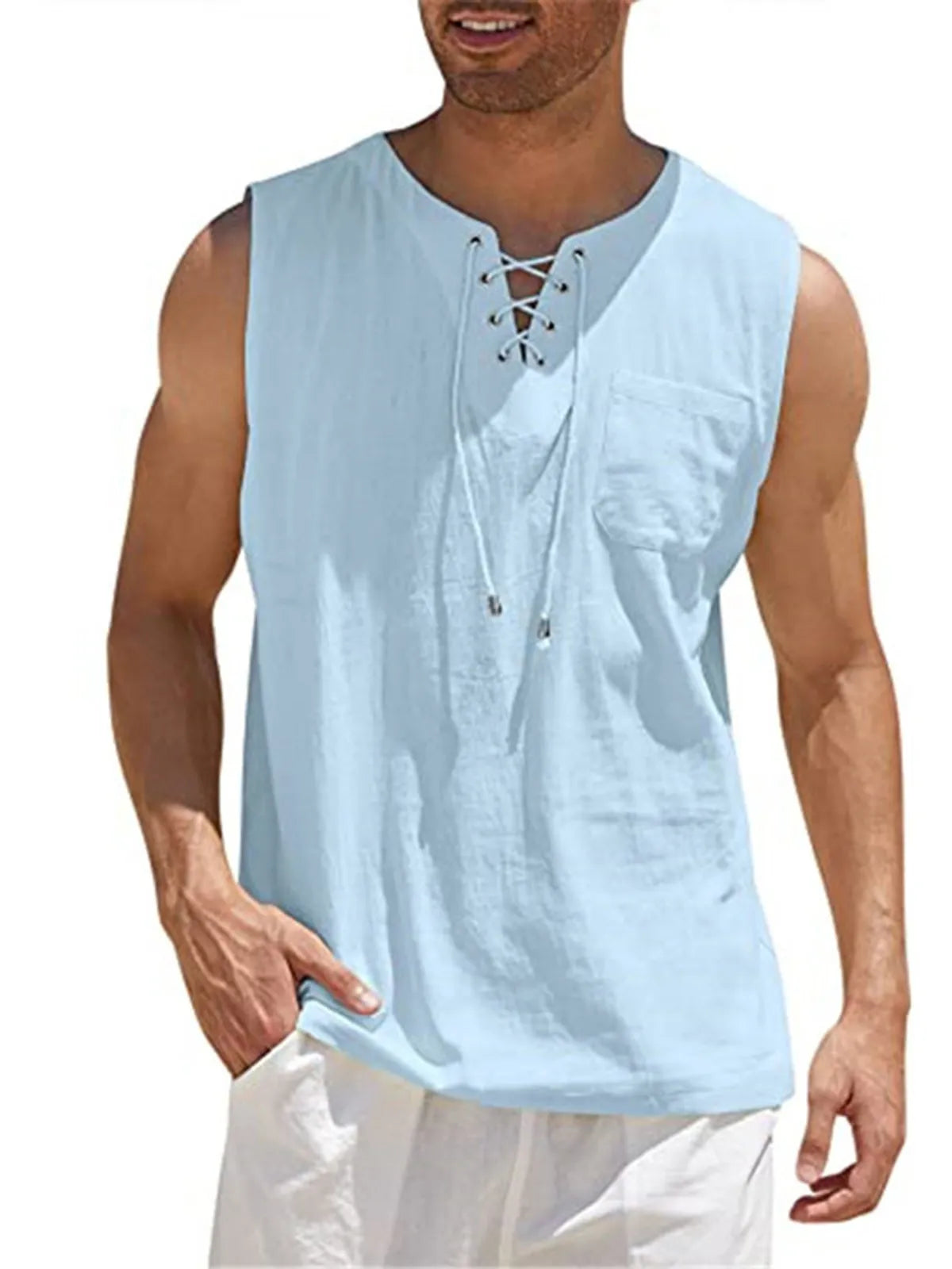 Lace-Up Cotton Linen Short Sleeve T-Shirt