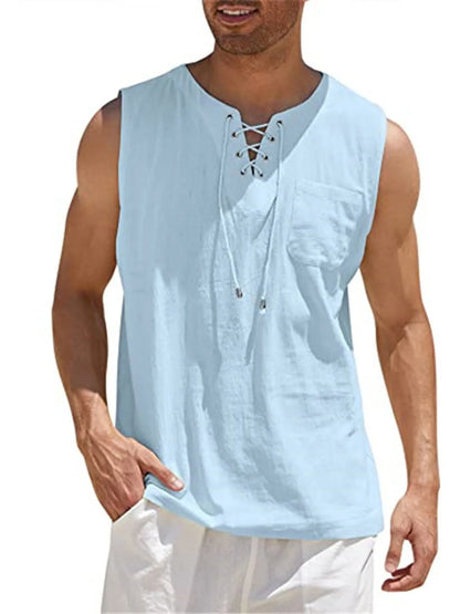 Lace-Up Cotton Linen Short Sleeve T-Shirt