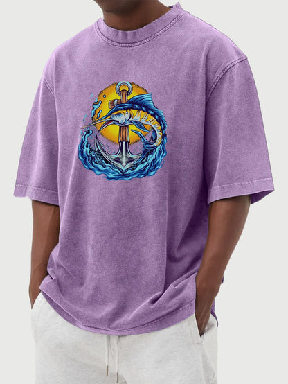 Vintage Washed Anchor & Fish Print T-Shirt