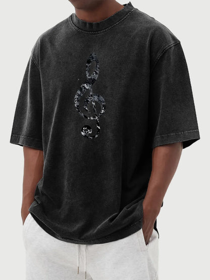 Vintage Washed Distressed Note Print Short Sleeve T-Shirt