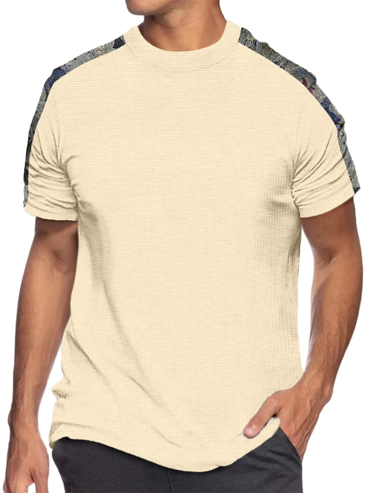 Solid Color Waffle Round Neck Patchwork Short Sleeve T-Shirt