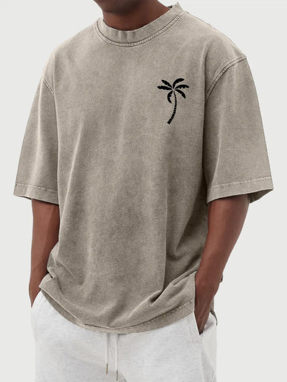 Vintage Washed Distressed Coconut Print Short Sleeve T-Shirt