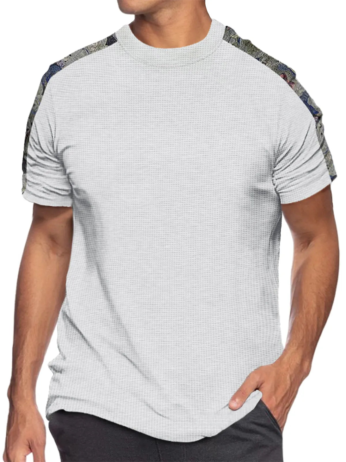 Solid Color Waffle Round Neck Patchwork Short Sleeve T-Shirt