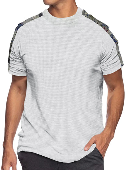 Solid Color Waffle Round Neck Patchwork Short Sleeve T-Shirt