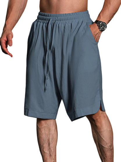 Solid Color Cotton And Linen Three-Quarter Elastic Waist Shorts