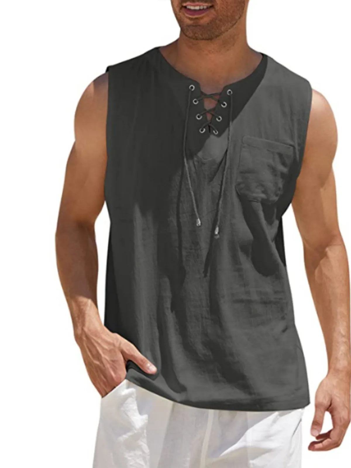 Lace-Up Cotton Linen Short Sleeve T-Shirt