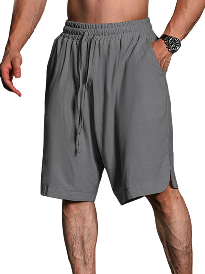 Solid Color Cotton And Linen Three-Quarter Elastic Waist Shorts