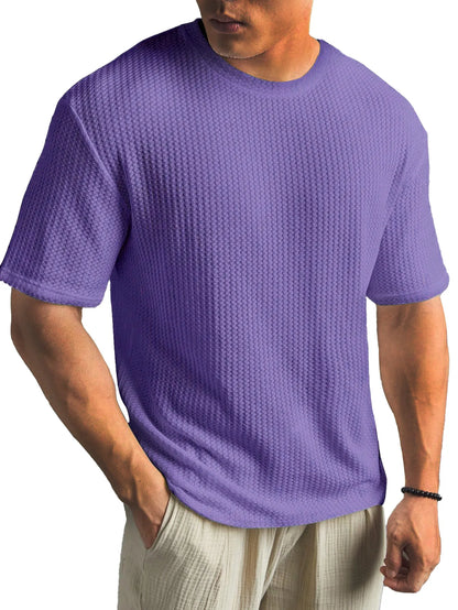 Waffle Fabric Round Neck Short Sleeve Layering T-Shirt
