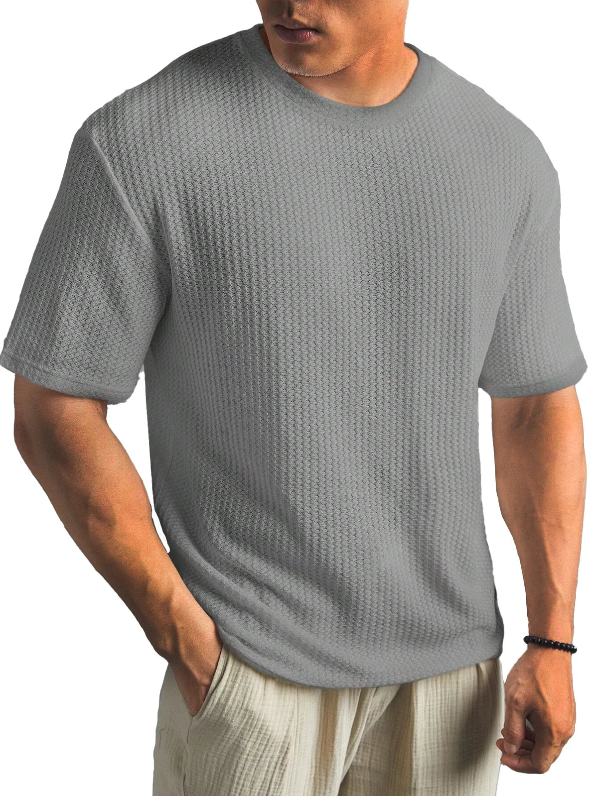 Waffle Fabric Round Neck Short Sleeve Layering T-Shirt