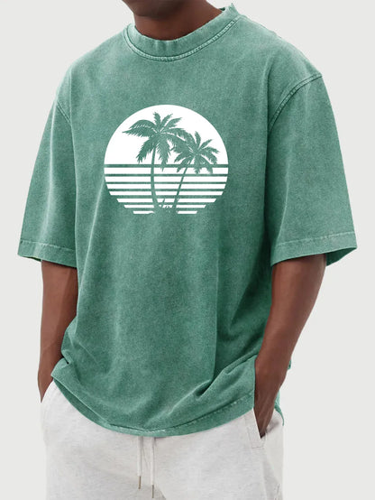 Vintage Washed Hawaiian Coconut Print Short Sleeve T-Shirt