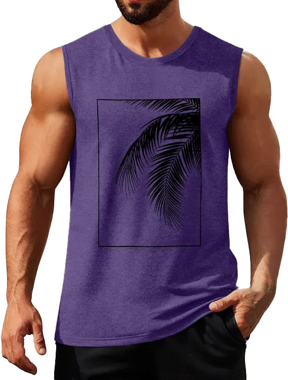 Hawaiian Solid Color Palm Leaf Print Sleeveless Tank Top