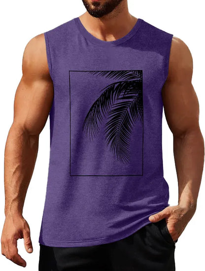 Hawaiian Solid Color Palm Leaf Print Sleeveless Tank Top