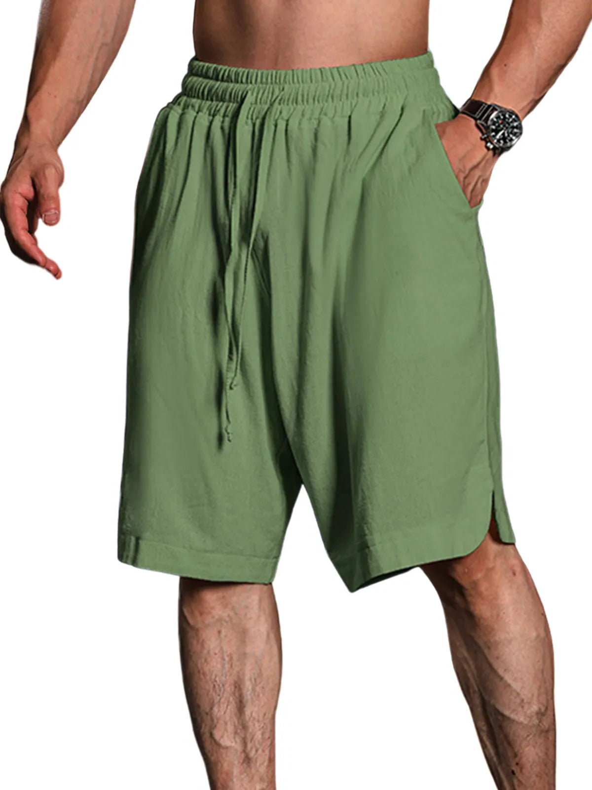 Solid Color Cotton And Linen Three-Quarter Elastic Waist Shorts