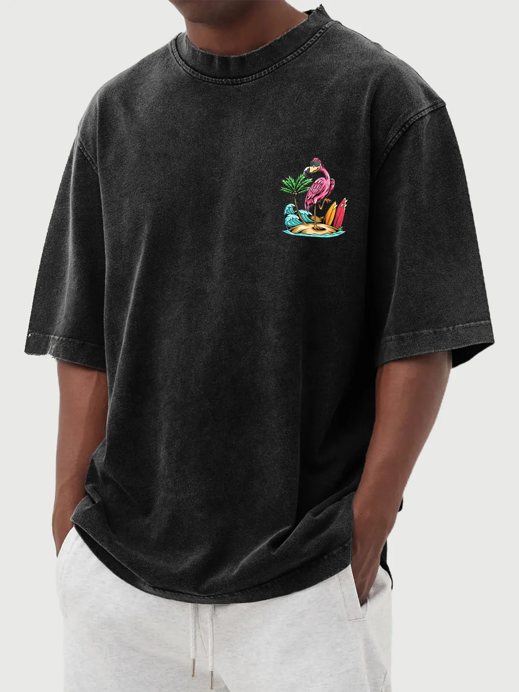 Vintage Washed Hawaiian Flamingo Print Short Sleeve T-Shirt