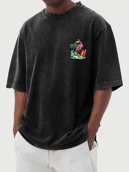 Vintage Washed Hawaiian Flamingo Print Short Sleeve T-Shirt