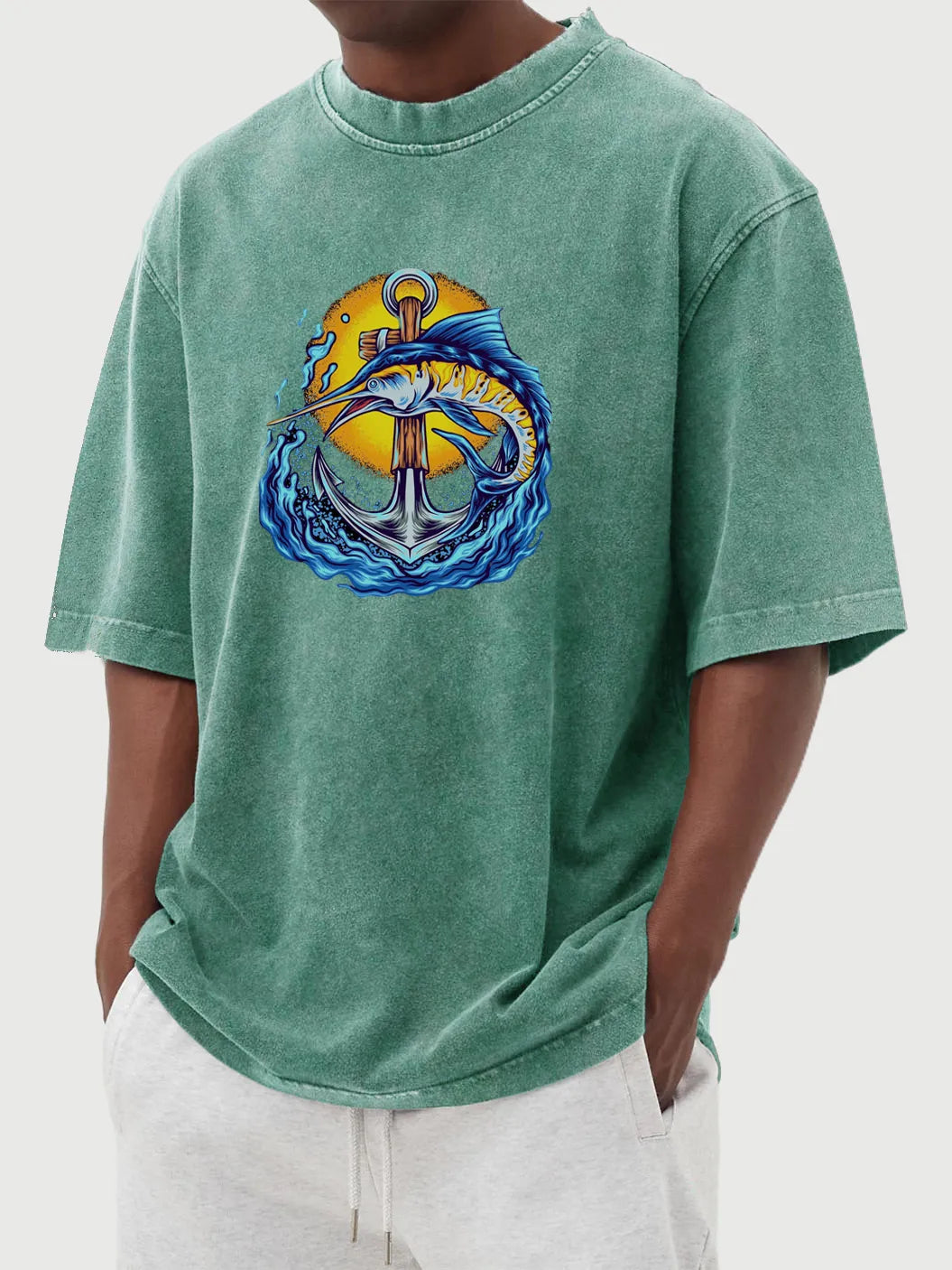 Vintage Washed Anchor & Fish Print T-Shirt