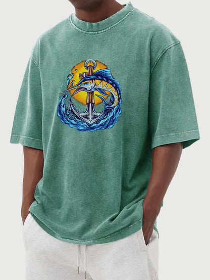 Vintage Washed Anchor & Fish Print T-Shirt
