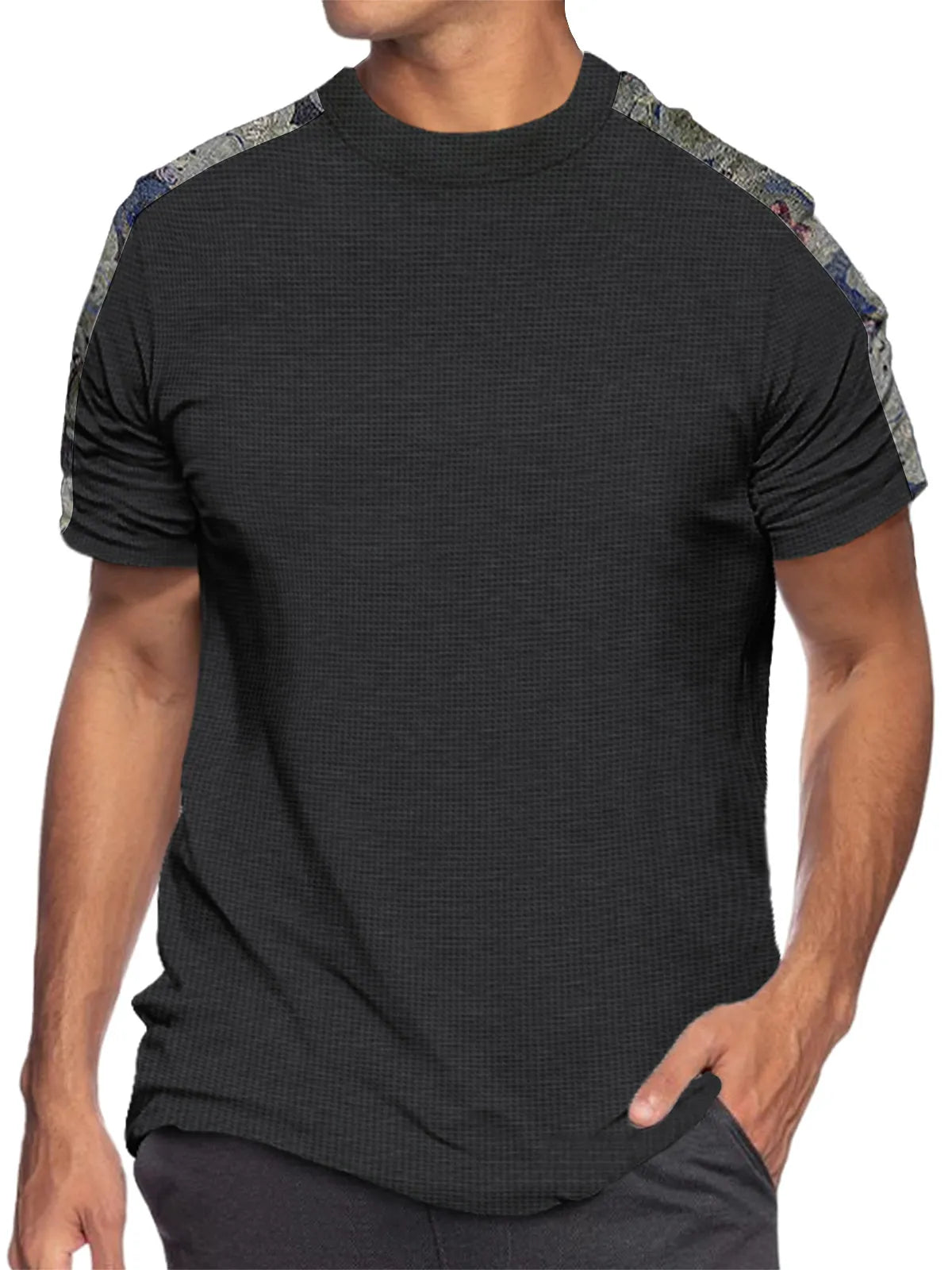 Solid Color Waffle Round Neck Patchwork Short Sleeve T-Shirt