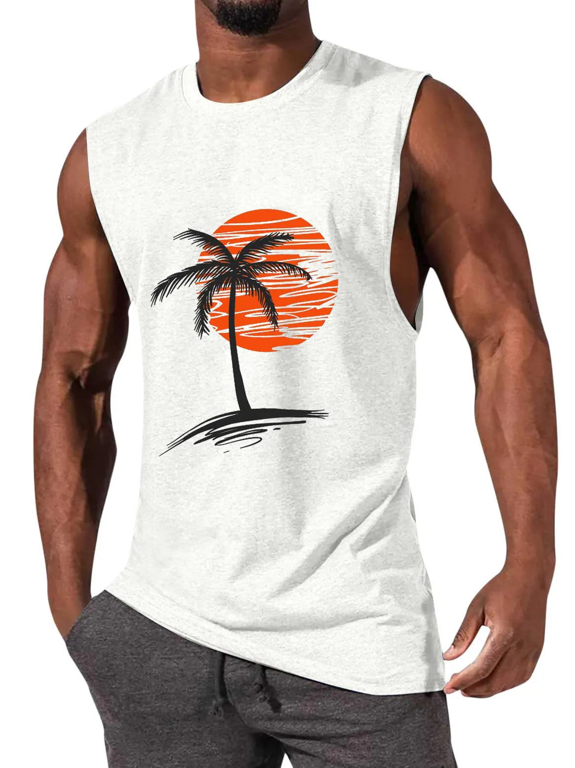 Solid Color Hawaiian Coconut Sleeveless Print T-Shirt