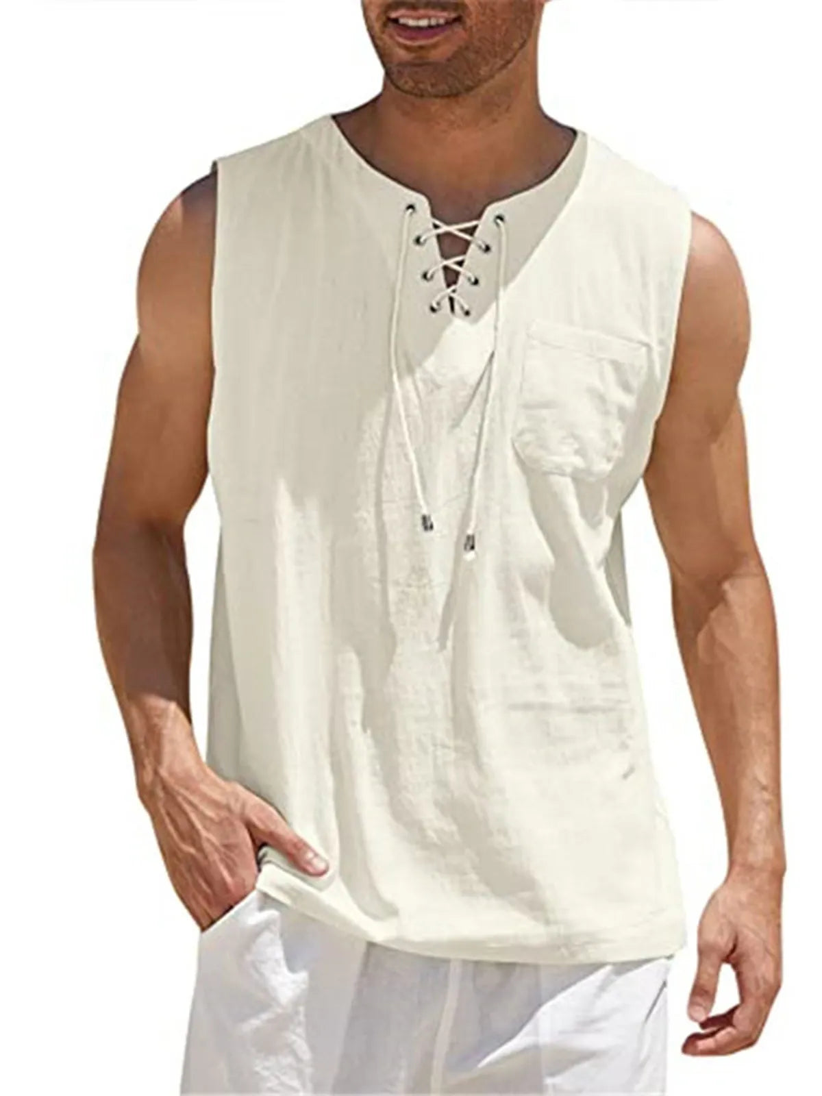 Lace-Up Cotton Linen Short Sleeve T-Shirt