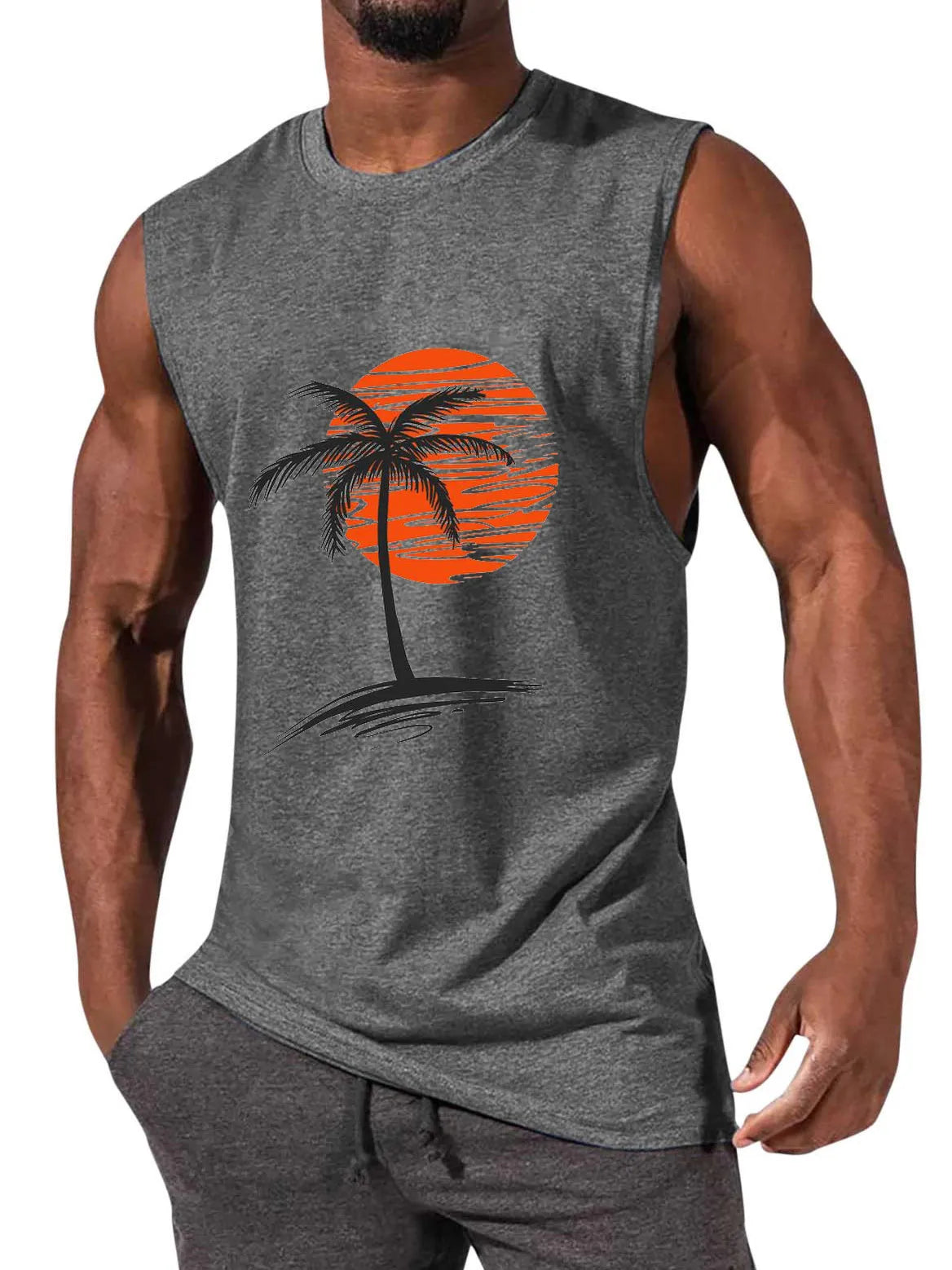 Solid Color Hawaiian Coconut Sleeveless Print T-Shirt