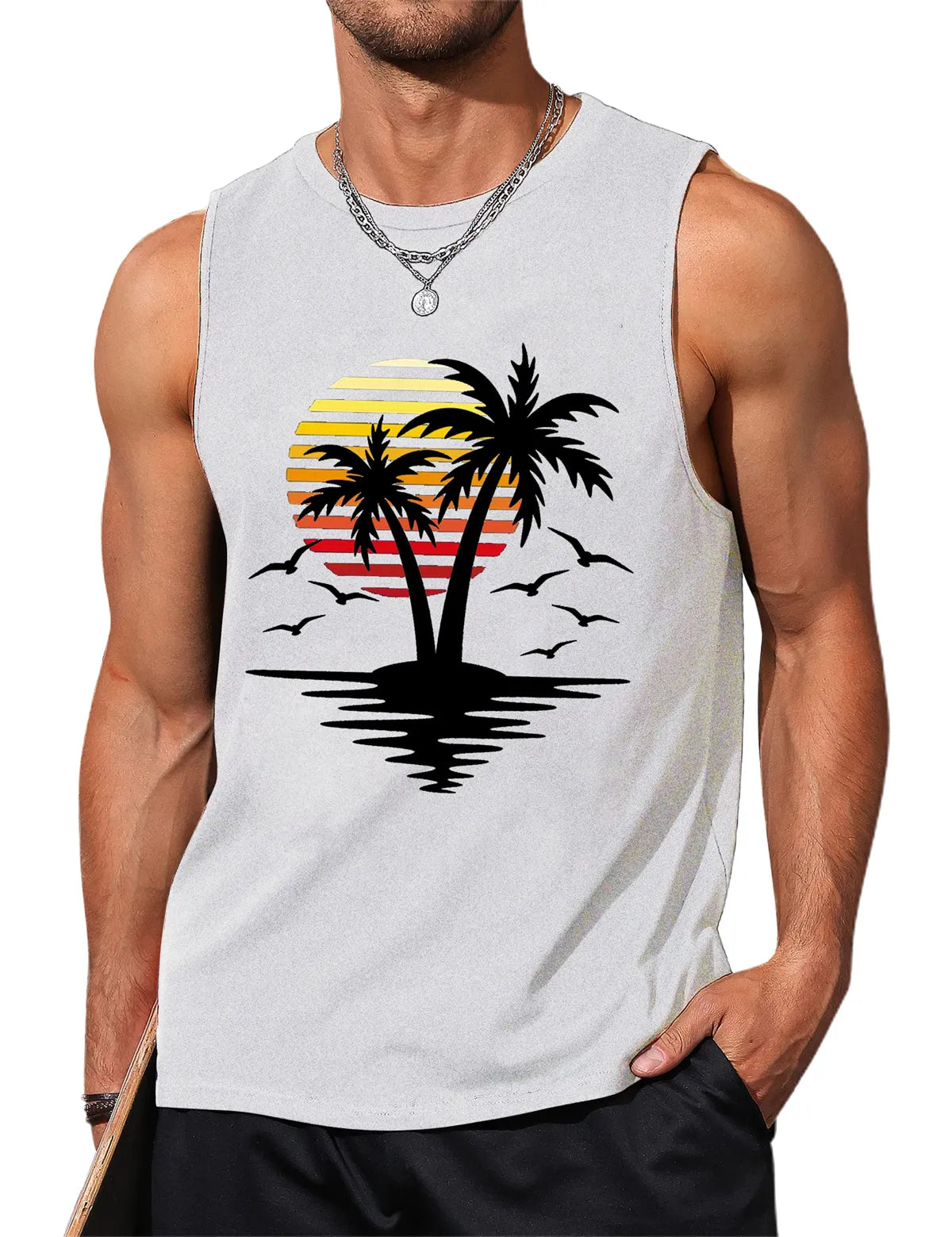 Palm Tree Sleeveless Muscle Tank Top