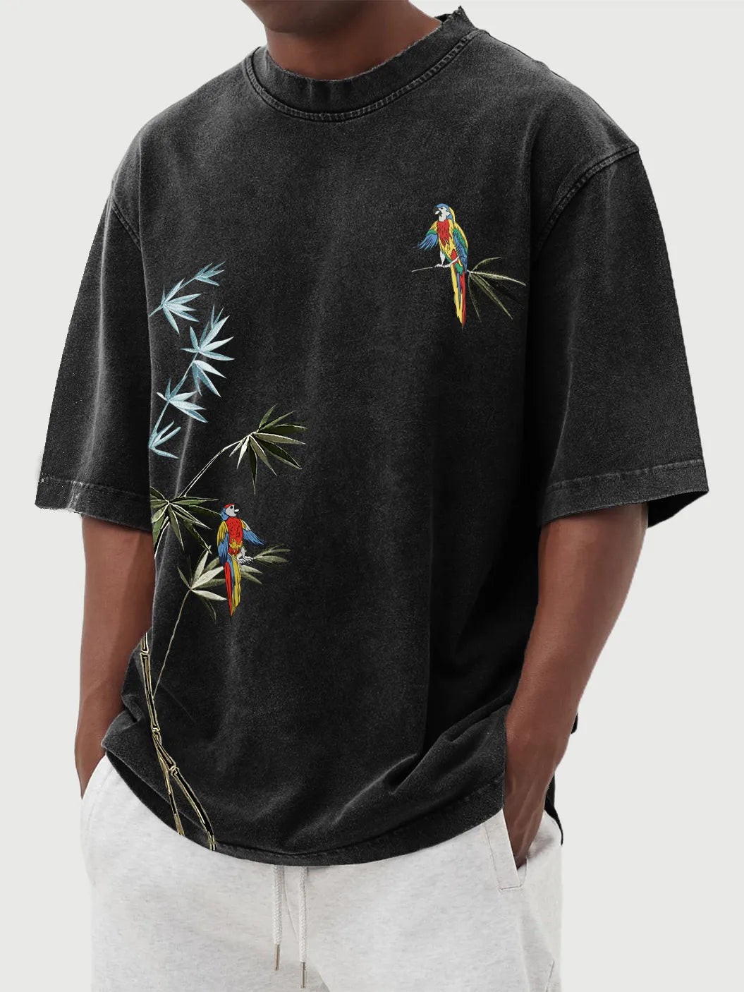 Hawaiian Bamboo Leaf And Parrot Print Short Sleeve T-Shirt