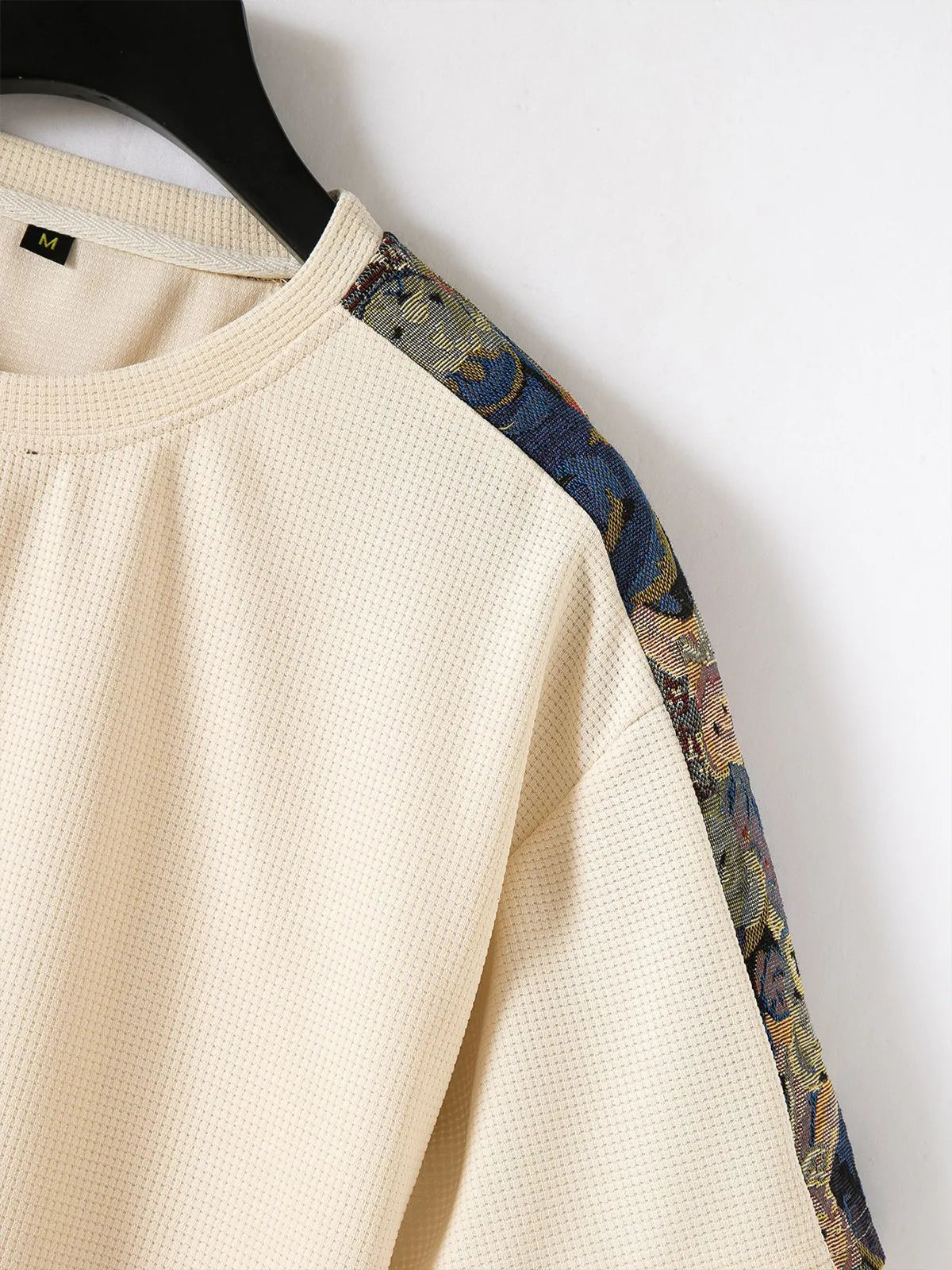 Solid Color Waffle Round Neck Patchwork Short Sleeve T-Shirt