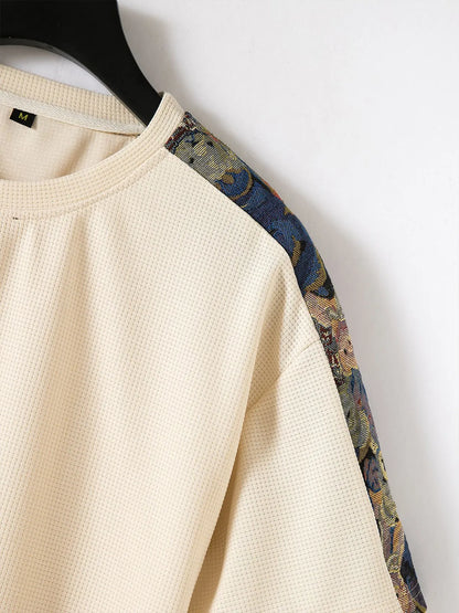 Solid Color Waffle Round Neck Patchwork Short Sleeve T-Shirt