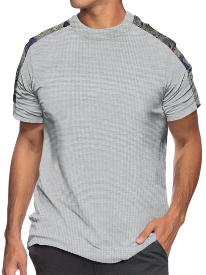 Solid Color Waffle Round Neck Patchwork Short Sleeve T-Shirt