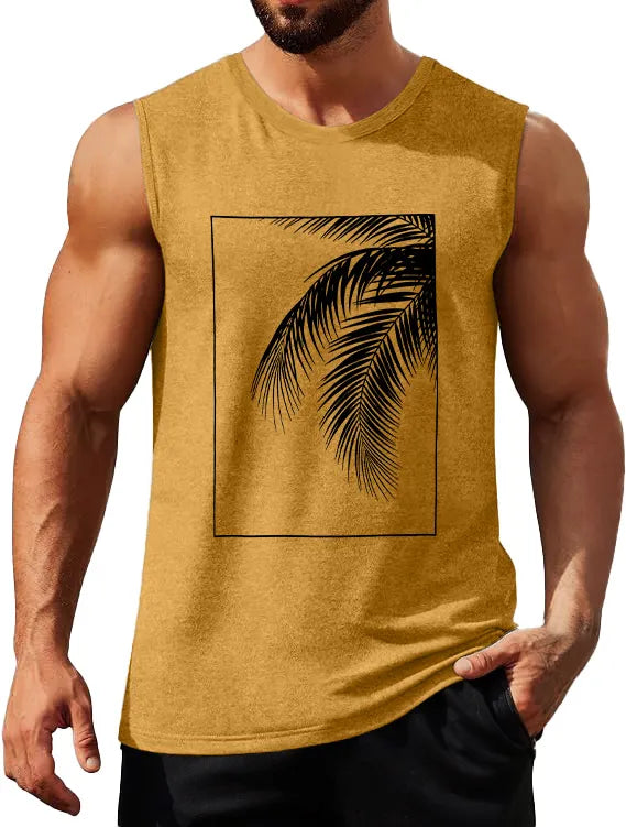 Hawaiian Solid Color Palm Leaf Print Sleeveless Tank Top