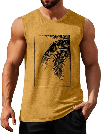 Hawaiian Solid Color Palm Leaf Print Sleeveless Tank Top
