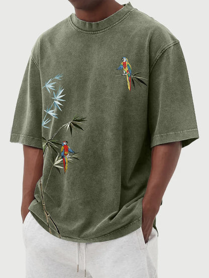 Hawaiian Bamboo Leaf And Parrot Print Short Sleeve T-Shirt