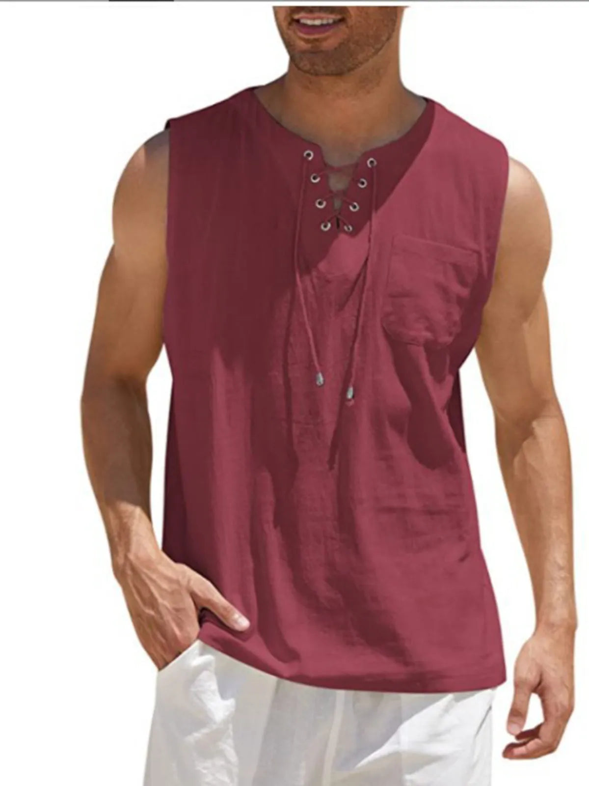 Lace-Up Cotton Linen Short Sleeve T-Shirt