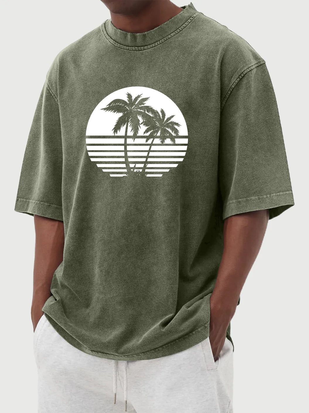 Vintage Washed Hawaiian Coconut Print Short Sleeve T-Shirt