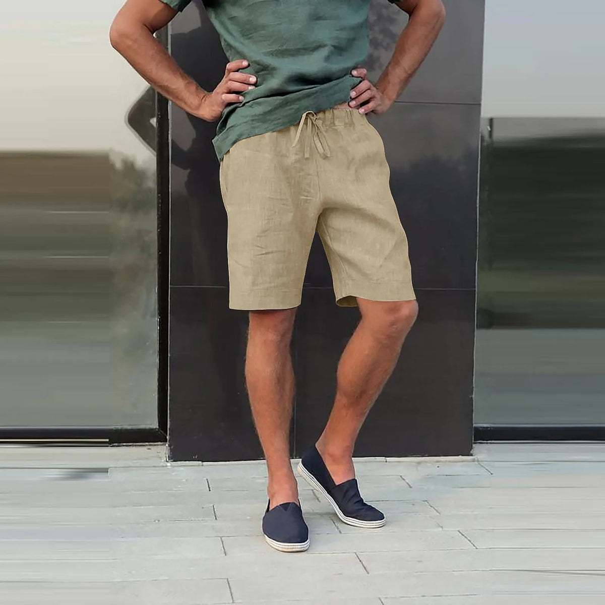 Linen Multi-Pocket Drawstring Shorts