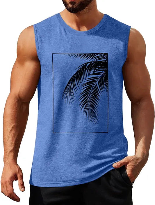 Hawaiian Solid Color Palm Leaf Print Sleeveless Tank Top